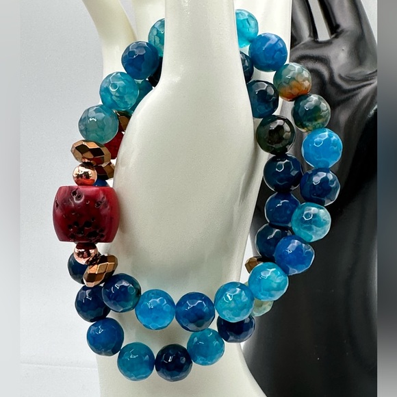 RED CORAL + DRAGON VEINS AGATE NATURAL STONES BRACELET size 7”,8” - Picture 3 of 13